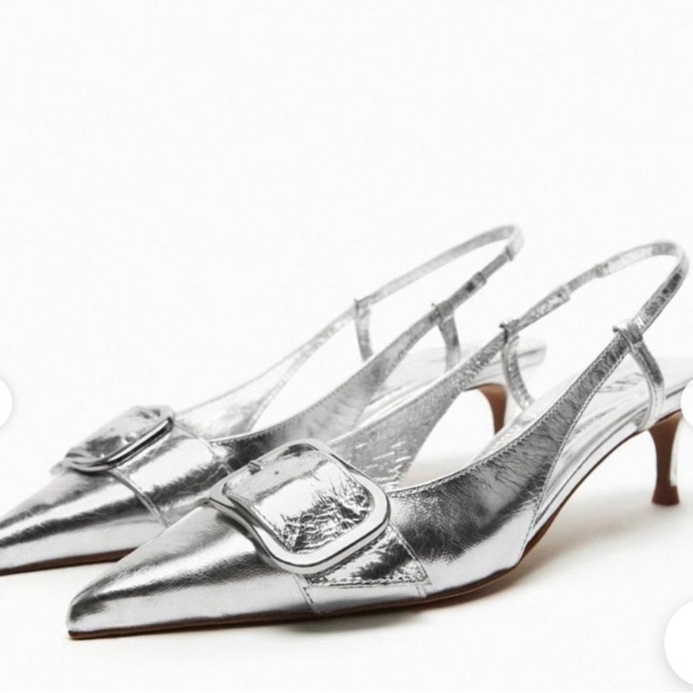 Zara Limited Edition Real Leather Sling Back Kitten Heels Silver Size 39